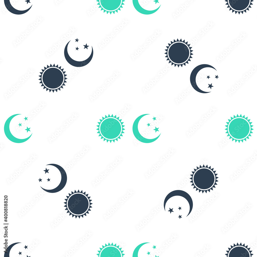 Green Sun and moon icon isolated seamless pattern on white background. Weather daytime and night. Vector. Green Sun and moon icon isolated seamless pattern on white background. Weather daytime and night. Vector.