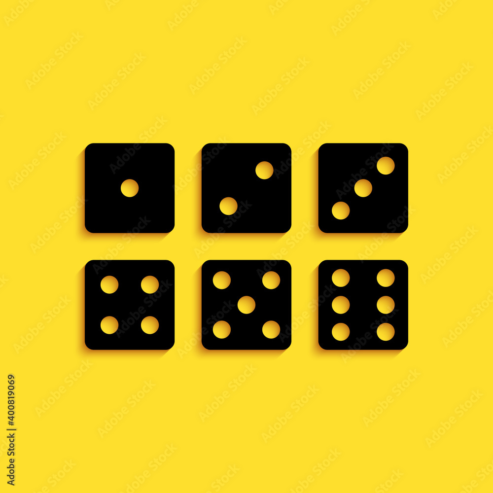 Black Set of six dices icon isolated on yellow background. Long shadow style. Vector. Black Set of six dices icon isolated on yellow background. Long shadow style. Vector.