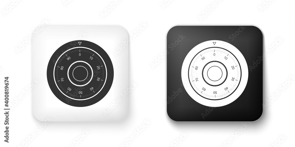 Black and white Safe combination lock wheel icon isolated on white background. Protection concept. Password sign. Square button. Vector. Black and white Safe combination lock wheel icon isolated on white background. Protection concept. Password sign. Square button. Vector.