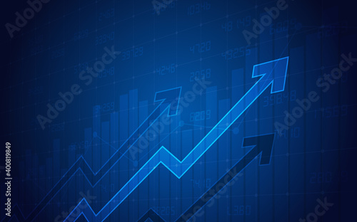 Financial chart with uptrend line graph and arrows in stock market on blue color background