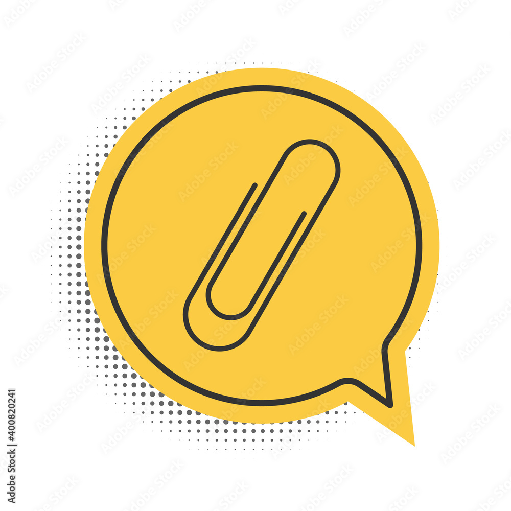 Black Paper clip icon isolated on white background. Yellow speech bubble symbol. Vector.