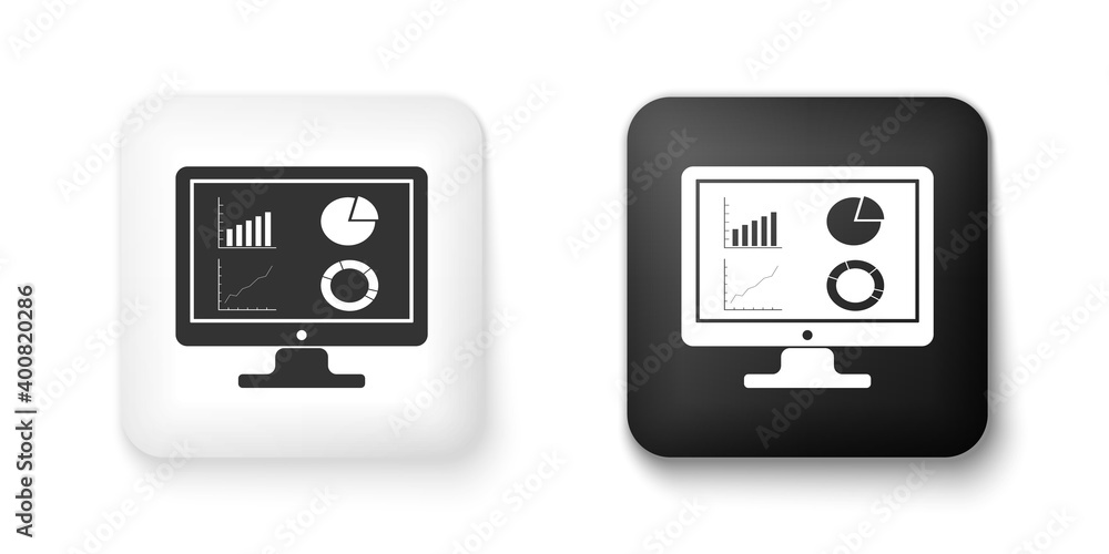 Black and white Computer monitor with graph chart icon isolated on white background. Report text file icon. Accounting sign. Audit, analysis, planning. Square button. Vector. Black and white Computer monitor with graph chart icon isolated on white background. Report text file icon. Accounting sign. Audit, analysis, planning. Square button. Vector.