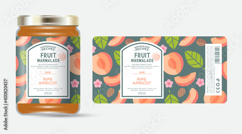 packaging jar marmalade pattern apricot
Label and packaging of apricot  marmalade. Jar with label. Text in frame with stamp (sugar free) on seamless pattern with fruits, flowers and leaves.
