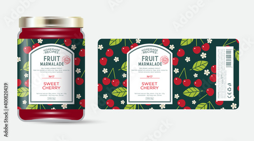 Label and packaging of cherry marmalade. Jar with label. Text in frame with stamp (sugar free) on seamless pattern with berries, flowers and leaves.