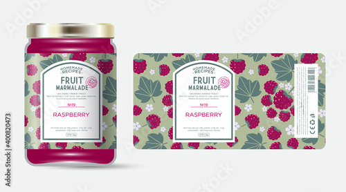 Label and packaging of dark plum marmalade. Jar with label. Text in frame with stamp (sugar free) on seamless pattern with fruits, flowers and leaves.