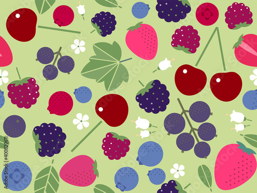 Seamless pattern with strawberries, blueberries, blackberries, raspberries, cherries and black currants. Pattern for fabric, wrapping paper, wall paper.