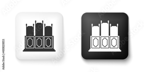 Black and white Court's room with table icon isolated on white background. Chairs icon. Square button. Vector.