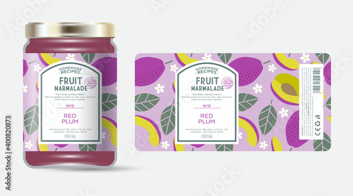 Label and packaging of red plum marmalade. Jar with label. Text in frame with stamp (sugar free) on seamless pattern with fruits, flowers and leaves.