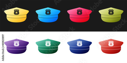 Set Police cap with cockade icon isolated on black and white background. Police hat sign. Vector.