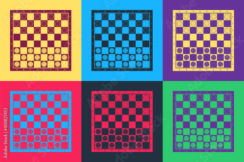 Pop art Board game of checkers icon isolated on color background. Ancient Intellectual board game. Chess board. White and black chips. Vector.