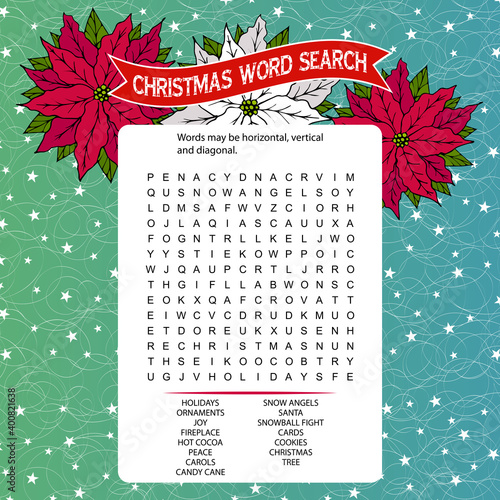 Christmas word search puzzle.  Educational game. Poinsettia flowers. 