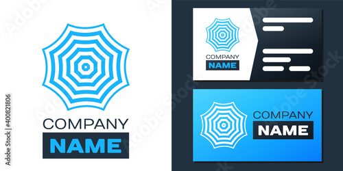 Logotype Sun protective umbrella fo beach icon isolated on white background. Large parasol for outdoor space. Summer vacation or picnic accessory. Logo design template element. Vector.