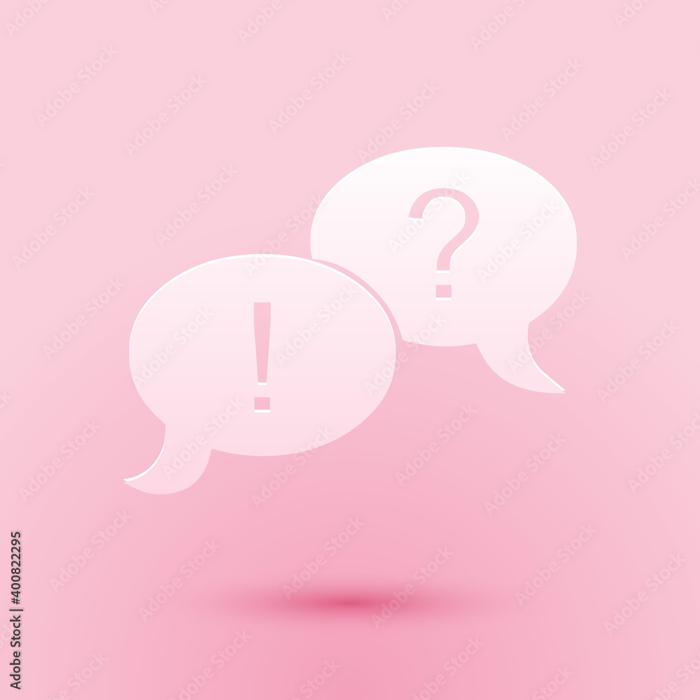 Paper cut Speech bubbles with Question and Exclamation marks icon isolated on pink background. FAQ sign. Copy files, chat speech bubble. Paper art style. Vector. Paper cut Speech bubbles with Question and Exclamation marks icon isolated on pink background. FAQ sign. Copy files, chat speech bubble. Paper art style. Vector.