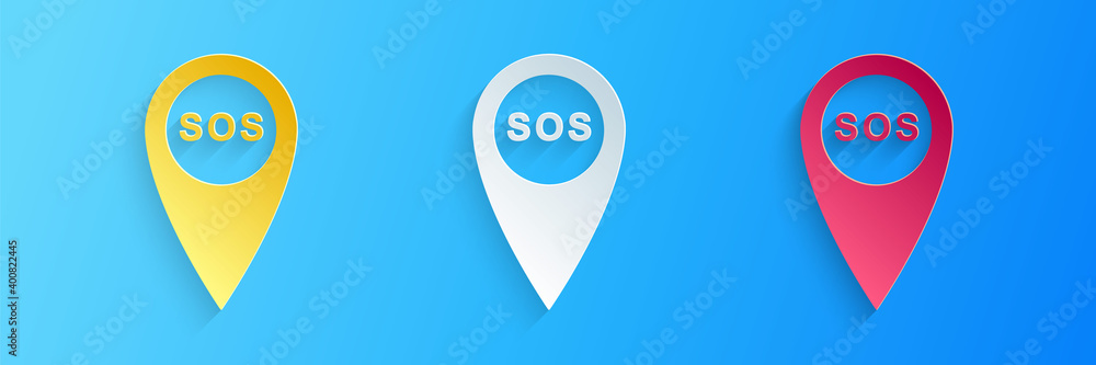 Paper cut Marker location with SOS icon isolated on blue background. SOS call location marker. Map pointer sign. SOS pinpoint sign with text. Paper art style. Vector. Paper cut Marker location with SOS icon isolated on blue background. SOS call location marker. Map pointer sign. SOS pinpoint sign with text. Paper art style. Vector.