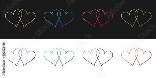 Set Two Linked Hearts icon isolated on black and white background. Heart two love. Romantic symbol linked, join, passion and wedding. Valentine day symbol. Vector.
