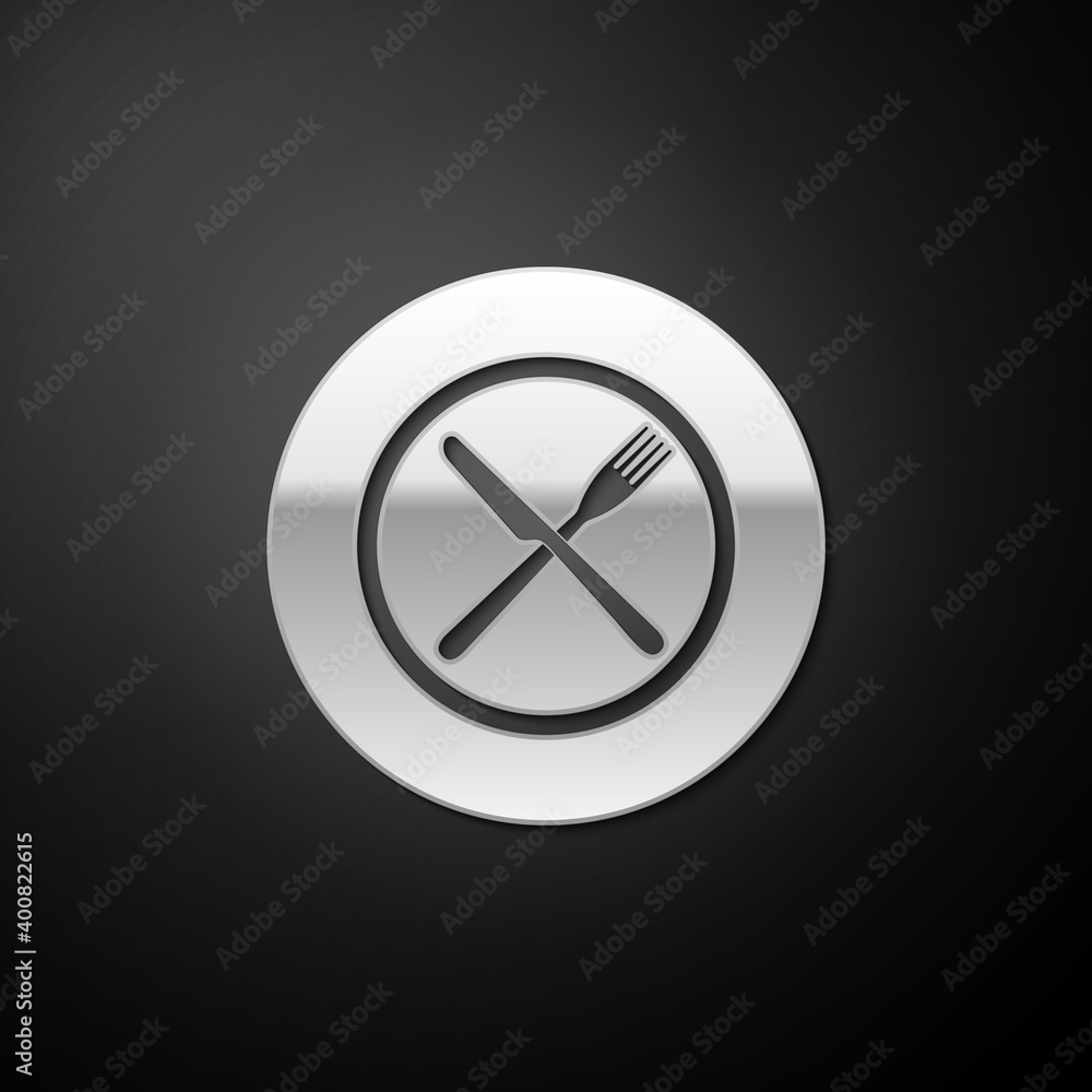 Silver Crossed fork and knife on plate icon isolated on black background. Restaurant symbol. Long shadow style. Vector. Silver Crossed fork and knife on plate icon isolated on black background. Restaurant symbol. Long shadow style. Vector.