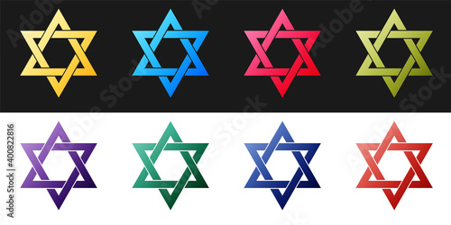 Set Star of David icon isolated on black and white background. Jewish religion symbol. Vector.