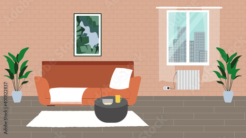Living room with furniture. Flat style vector interior illustration. Sofa, flowers. Daylight apartments. Hotel suite. Renting an apartment.