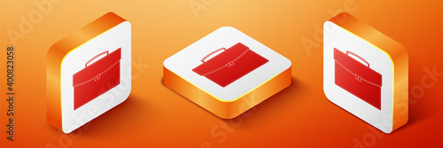 Isometric Briefcase icon isolated on orange background. Business case sign. Business portfolio. Orange square button. Vector.