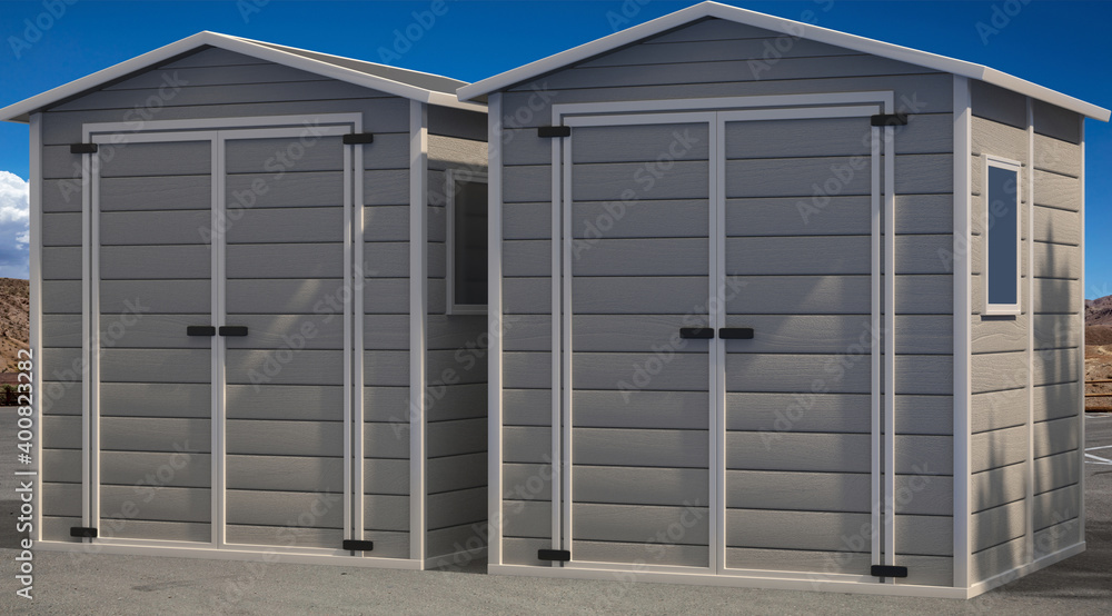 Storage sheds on asphalt road and blue sky background. 3d illustration