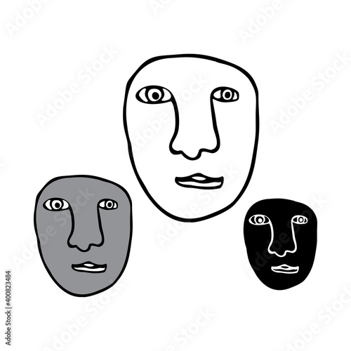 Isolated black and white vector illustration set of abstract lined cubist faces