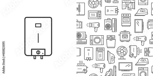 Water heater icon and vector seamless pattern with household appliances. Line style icons isolated on white background