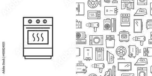 Oven icon and vector seamless pattern with household appliances. Line style icons isolated on white background