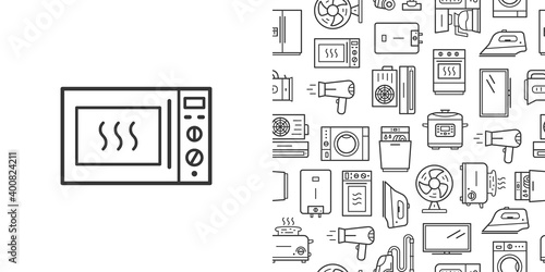 Microwave oven icon and vector seamless pattern with household appliances. Line style icons isolated on white background