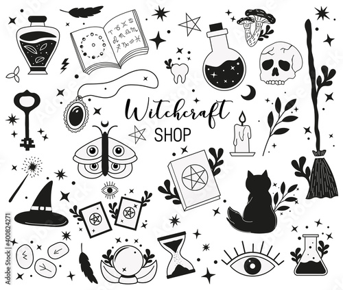 Witchcraft, outline magic shop for witches and wizards. Vector vintage collection. Black and white elements, candles, book of shadows, potion. Set of vector illustration isolated on white background