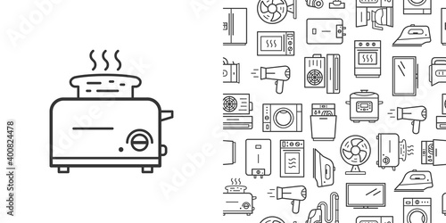 Toaster icon and vector seamless pattern with household appliances. Line style icons isolated on white background