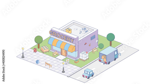 Isometric grocvery store on white background. Modern grocvery store in isometric projection.