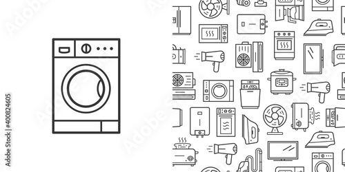 Washing machine icon and vector seamless pattern with household appliances. Line style icons isolated on white background