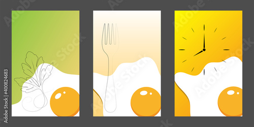A set of pictures with scrambled eggs for decorating breakfasts.