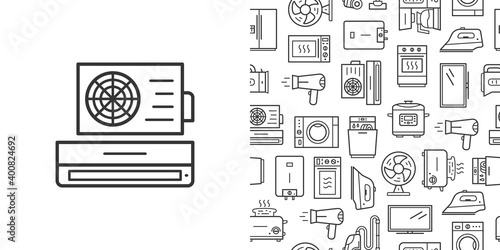 Conditioner icon and vector seamless pattern with household appliances. Line style icons isolated on white background