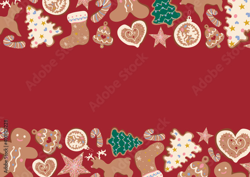 Christmas vector rectangular frame with gingerbread cookies on red background. Winter holidays, sweet, for kids, treats, new year, Christmas market. Greeting card, banner