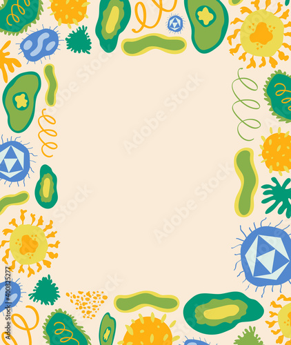 Colorful vector rectangular frame with different viruses and bacteria on light peachy background. Laboratory, microbiology, science, study, clinical research, medicine, cartoony