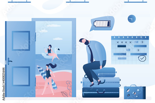 Burnout, overworked businessman near open door to beach paradise. Male employee with low battery sitting on baggage