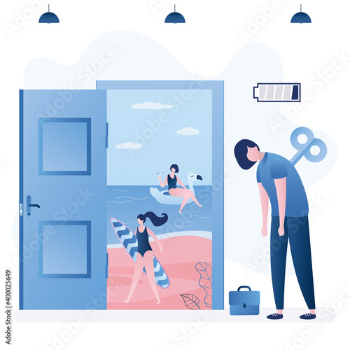 Burnout, overworked businesswoman stand near open door to beach paradise. Female employee with low battery.