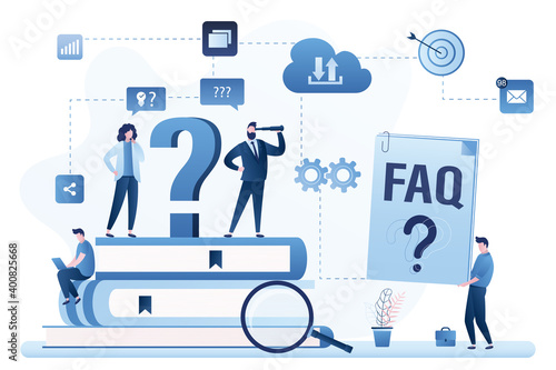 Business team with big question mark. Businesspeople need help, many questions. Male manager holds FAQ or user manual.