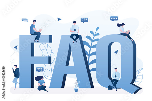 FAQ banner concept. Various users with smart gadgets need help, many questions. Online support service, user manual.