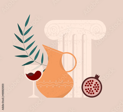 Aesthetic modern illustration of a ceramic jug with ornament, ancient greek order, glass of wine or juice, leaf and pomegranate. Decorative still life with isolated objects. Contemporary art