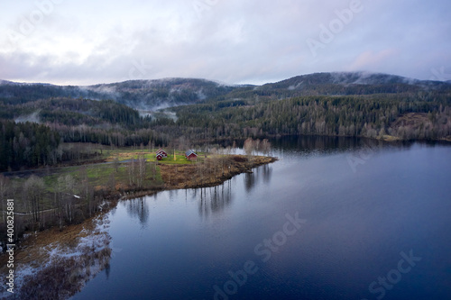 Drone shot of the nature around Bogstad, Oslo, Norway. 
