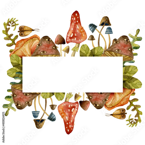 Beautiful watercolor card with text Bright Autumn: autumn leaves, flowers, branch, berries, acorns, blackberries, mushrooms, chestnut. Colorful illustration.Watercolor handpainted texture.