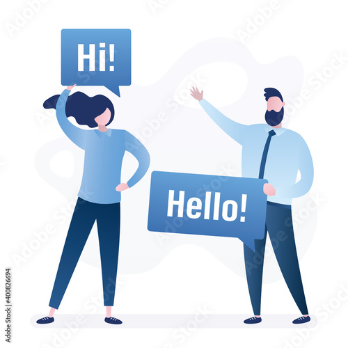 Happy people holds speech bubbles with text- Hello and Hi! Template for business or education web page.