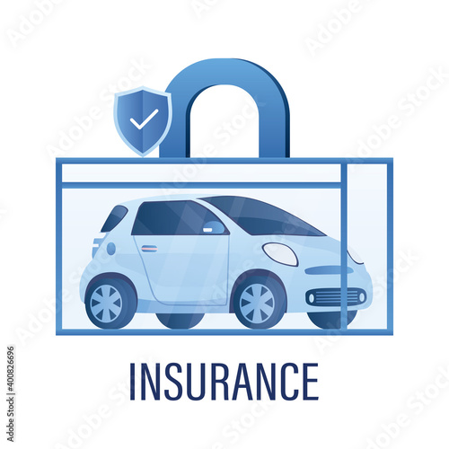 Modern car in closed glass box. Insurance concept banner. Security shield. Reliable protection, full coverage insurance. Transparency of tariffs.