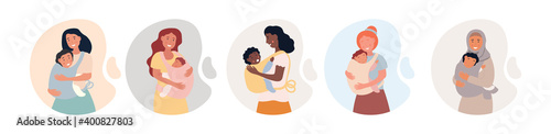 Set of four multircial ladies carrying their kids. Newborn baby child in Sling feeling protection from his mother. Happy Mothers Day. Flat cartoon vector illustration isolated on white background.