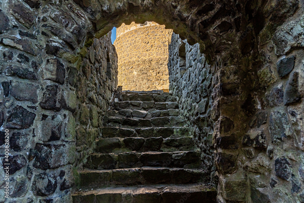 old stone stairs in the oldmedieval castle ruin gleiberg near giessen, hesse, germany
