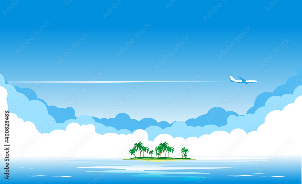 Blue sky with clouds and an airplane flying over the blue sea or ocean. Airliner over  island with palm trees. Vector