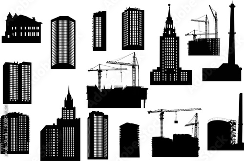 set of different building black silhouettes