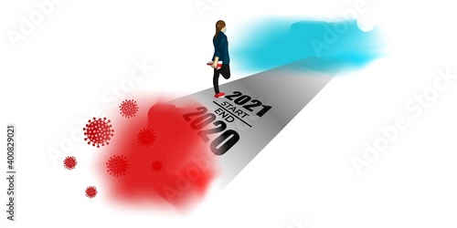 Vector illustration of 2021 start, end 2020 concept. Athlete runner stretching leg, left Covid-19 year behind and preparing for new year, 2021 is written on road.